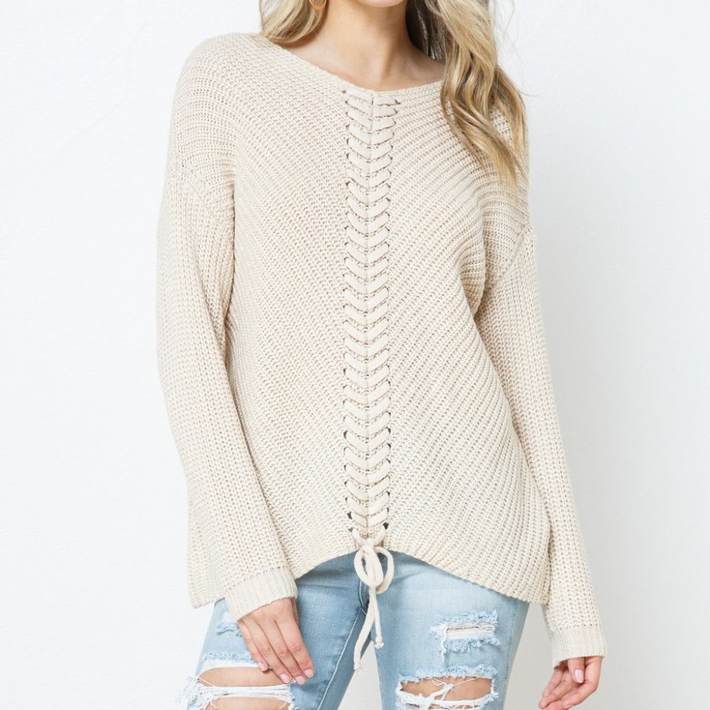 Ribbed Knit Round Neck Sweater with Center Lace-Up Detail